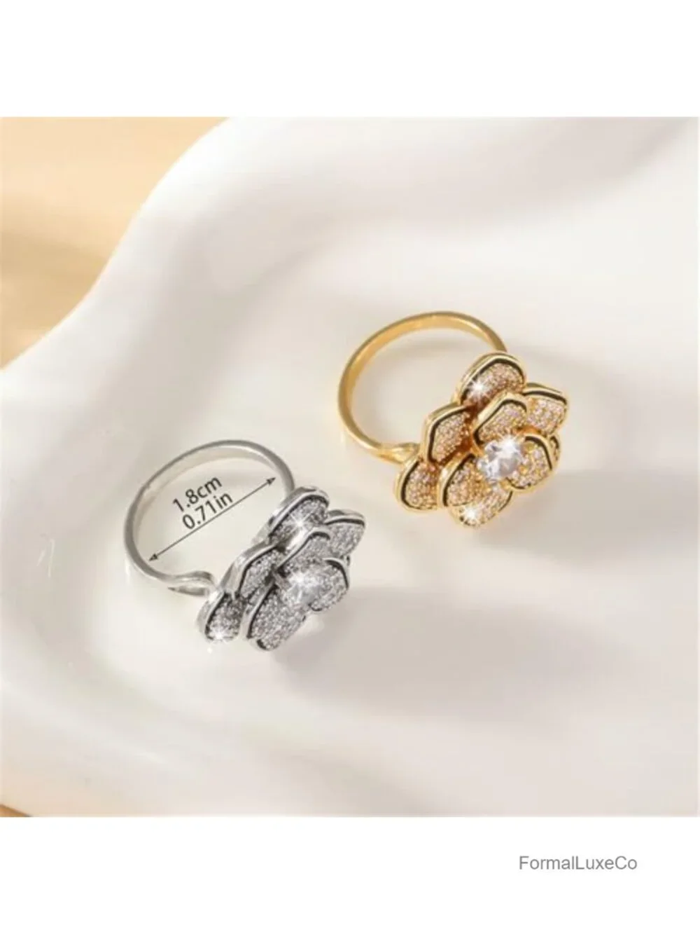 Floral Camellia Statement Ring Double Layers Cubic Zirconia Rhinestone Dainty